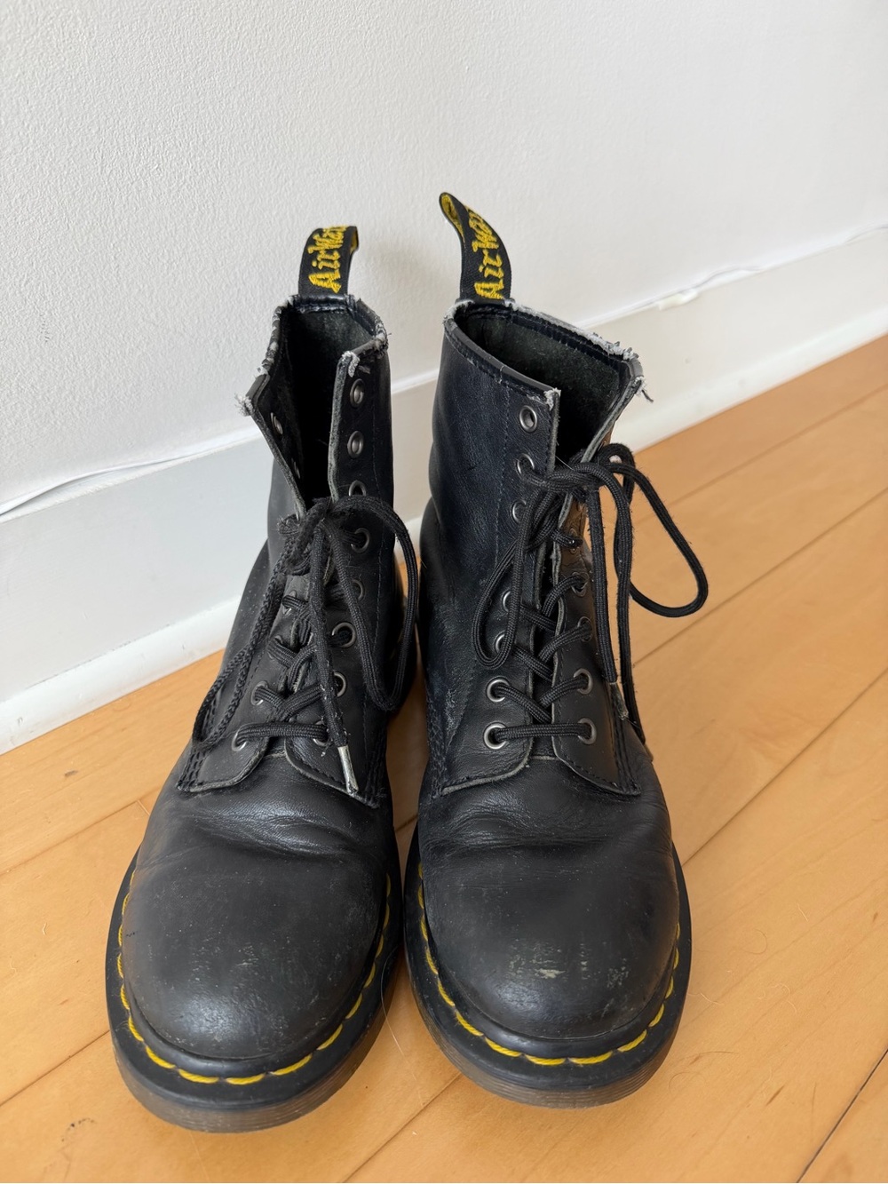 Dr. Martens Black Leather Lace-Up Boots with Yellow Pull Tabs
